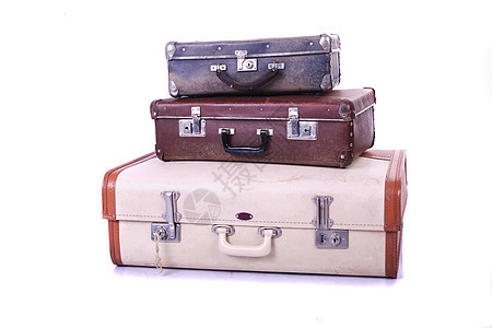 旧行李箱行李手提箱旅行殴打小路皮革剪裁运输古董白色图片