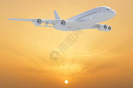 大白色飞机运输橙子天堂翅膀太阳日落涡轮鸟瞰图阳光射线图片