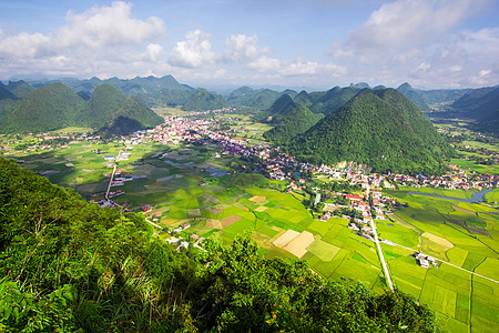 越南Bac Son山谷的稻田场地风景成长农业地面地质学文化曲线房子收成图片