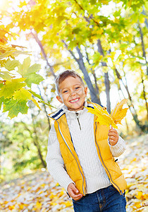 有秋叶的可爱男孩衣服男生喜悦乐趣头发橙子公园花束幸福婴儿图片
