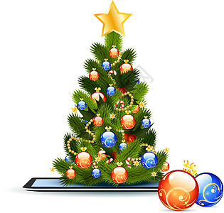 PC板电脑上的圣诞树枞树平板舞会圣诞药片糖果饰品手杖软垫插图图片