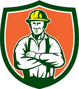 跨过盾牌雷特罗零售商帽子男性男人波峰工人双臂插图工业贸易图片