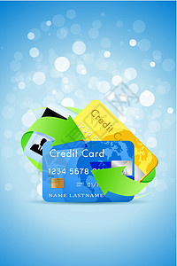 带信用卡和绿箭的蓝背景蓝色背景绿色火花插图金子塑料银行卡个人背景图片