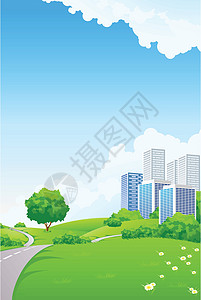 景观     绿山 有树木和城市风景场地艺术蓝色摩天大楼土地建筑场景绘画季节插图图片
