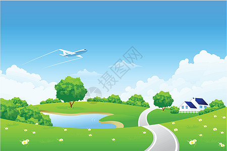 飞机道绿色景观植物别墅蓝色乡村环境地平线叶子飞机插图土地插画
