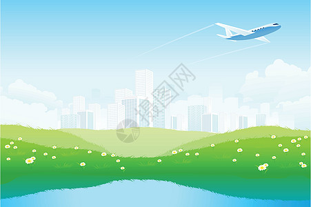 飞机道绿色景观天空爬坡草地摩天大楼土地风景飞机蓝色植物场景插画