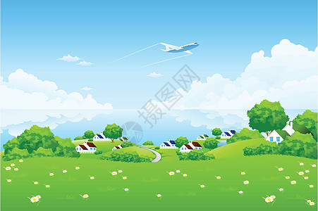 飞机道带飞机的绿色景观洋甘菊场地环境草地衬套建筑叶子植物插图蓝色插画