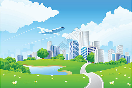 飞机道绿色城市景观环境洋甘菊地平线建筑植物衬套风景公寓土地飞机插画