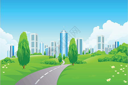 与城市的绿色景观商业办公室插图建筑学建筑蓝色天际地平线场景摩天大楼图片