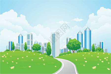 与城市的绿色景观商业办公室绿色植物摩天大楼建筑草地建筑学天空插图场景图片