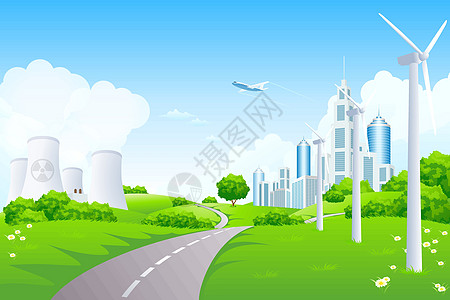与城市风车和核电厂的绿色景观力量天空风力活力飞机办公室能源地平线摩天大楼发电厂图片