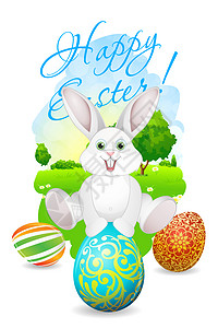 带景观 兔子和装饰鸡蛋的复活卡爬坡雏菊云景插图装饰品图片
