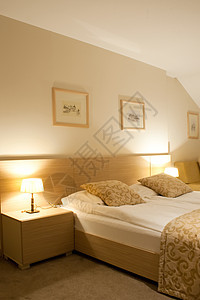 卧室的现代设计风格时尚白色毯子枕头家具绘画褐色桌子床头图片