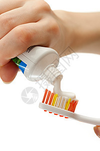 女性手中的牙刷和牙膏保健手腕手臂指甲卫生刷子塑料棕榈化妆品拇指图片