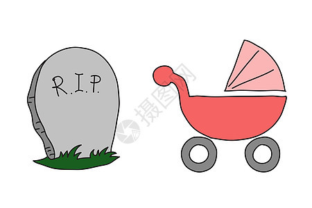 牵线搅拌器和墓碑红色墓石绘画草图婴儿车车皮车轮图片