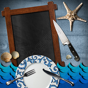 Seafood  菜单模板海星食物波浪午餐餐厅木板贝壳餐具刀具厨房图片