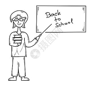 返回学校卡通片木板黑色插图男生框架课堂写作女孩白色图片