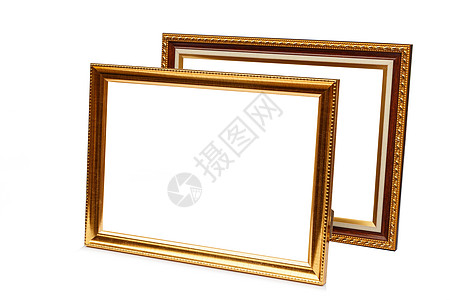 白色背景上孤立的相片框架艺术金子画廊绘画照片木头边界空白图片