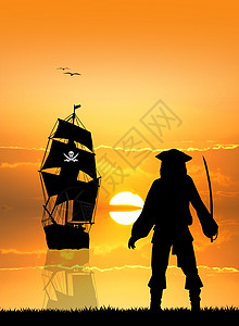 日落时海盗的轮廓旅行骨骼历史海洋导航桅杆插图阳光旗帜航海图片