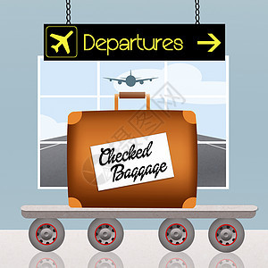旅行行李管制游客出港海关插图飞机场手提箱机场托运门票背景图片