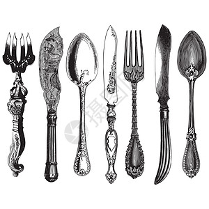 旧餐具工具厨具银器食物雕刻餐厅咖啡店用具环境插图图片