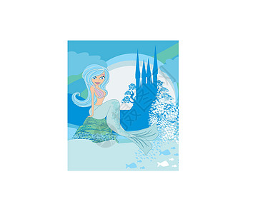 说明美丽的美人鱼 城堡和鱼艺术品海洋石头插图花朵王国小说游泳寓言草地图片