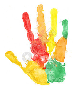 特写白上彩色手印指纹艺术手指痕迹童年绘画邮票创造力乐趣棕榈图片