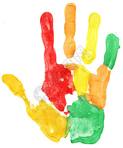 桂林山水画特写白上彩色手印烙印乐趣童年教育个性指纹拇指棕榈邮票工艺背景