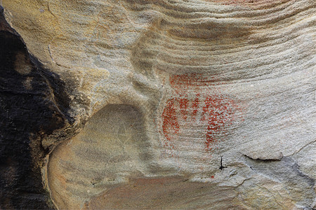 使用红色奥克罗澳大利亚语印刷史前土著手印地质学赭石历史艺术砂岩艺术品模版遗产文化岩石背景图片