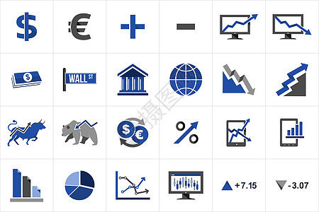 股票市场融资成套图标手机电子商务饼形银行蓝色图标集上图交换牛市图表图片