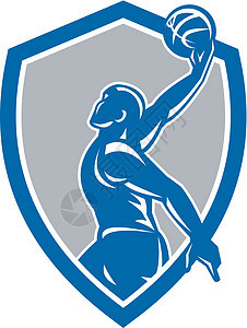篮球运动员扣篮球盾牌复古手臂艺术品运动玩家扣篮插图男性男人芭蕾舞者波峰图片