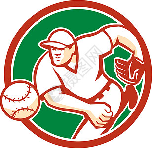 美国棒球球推球员 扔球回转环手套男性野手玩家圆圈运动男人插图艺术品投手图片