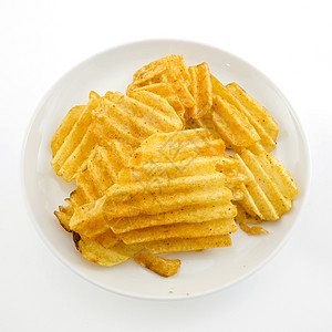 白色背景上的土豆红薯包装山雀位小吃午餐芯片黄色拍摄饮食食物油炸图片