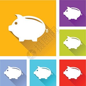 小猪银行图标金融纽扣网络蓝色绿色红色阴影银行经济正方形图片