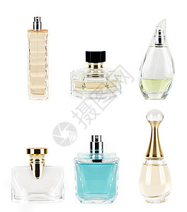 白色背景上的不同香水味瓶子化妆品洗澡卫生香气生活疗法芳香产品呵护图片