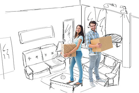 幸福的年轻夫妇与移动盒复合图像Name长椅牛仔裤公寓感情微笑潮人搬迁头发格纹纸板盒图片