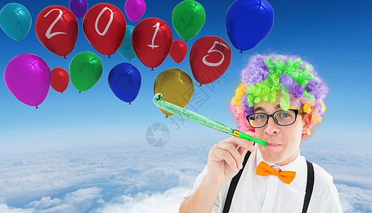 气球小丑怪胎吹喇叭号的复合图像领结高度计算机环境乐趣气球衬衫蓝色假发绘图背景