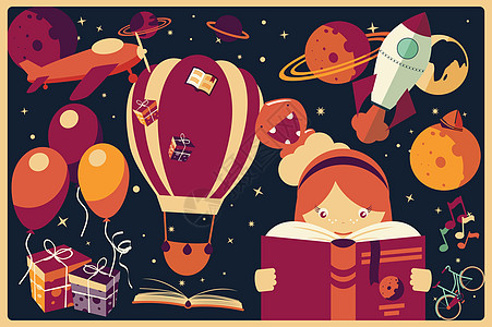 具有想象力项目的背景和一位女孩阅读一本书想像力好奇心气球旅行夜空生日飞行展示横幅海报图片