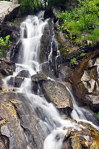 山岳中有许多瀑布木头生活岩石墙纸旅行旅游叶子苔藓国家植物图片