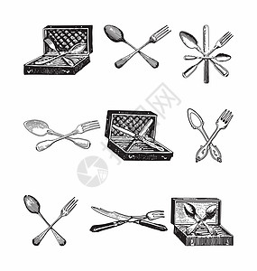 旧餐具蜉蝣雕刻银器时间蚀刻工具插图古董手绘桌子图片