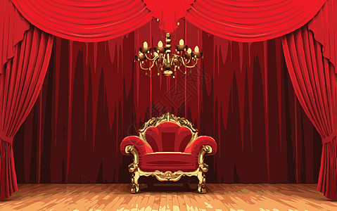 红色幕幕台上的叶子椅播音员观众织物沙发展示歌剧礼堂歌词气氛天鹅绒图片
