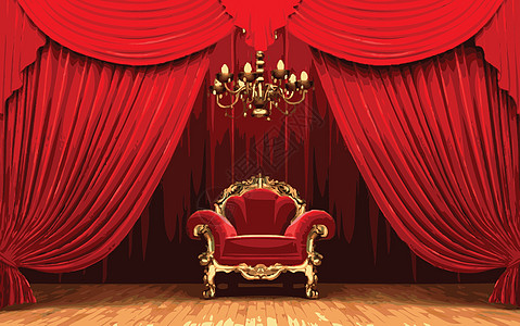 红色幕幕台上的叶子椅场景推介会艺术行动礼堂展示剧院手势窗帘歌词图片