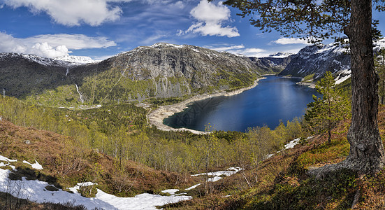 挪威 Trolltunga森林远足白色水平全景高山树木风景美丽岩石图片