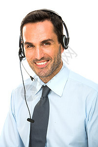 戴耳机的男子男性微笑人像半身青年经理人士电话年轻人呼叫背景图片