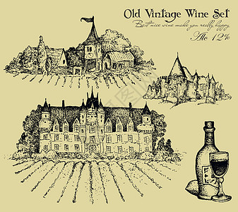 一套葡萄酒元素玻璃城堡风格标签横幅艺术插图服务绘画藤蔓图片