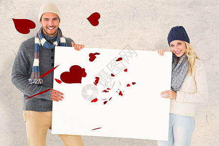 以冬季时装展示海报的有吸引力情侣综合形象服装男性男朋友团结羊皮纸推介会女朋友绘图亲密感夫妻图片