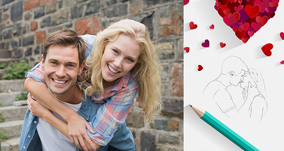 流行年轻夫妇玩得开心的复合形象头发金发情人男性铅笔活动草图潮人肩膀感情图片