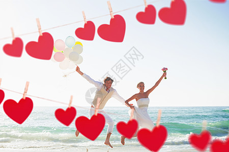 开挂人生挂在线上的红心的复合图像婚礼棕色婚姻气球人生开端大事情人新娘晴天背景