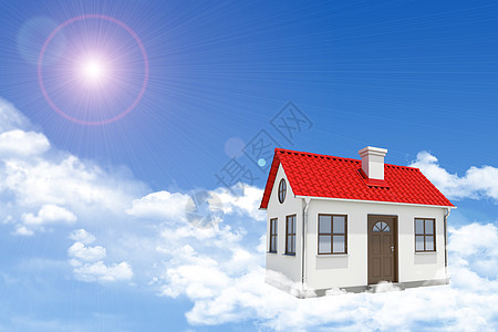 白房子有红色的屋顶和云烟中的烟囱 背景阳光明亮图片