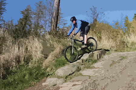 蓝色的山上骑着摩托车下山踪迹爬坡骑术山地车自行车运动图片
